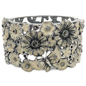 Cream Enamel Grey Rhinestone Flowers Butterfly Hinged Bangle Bracelet